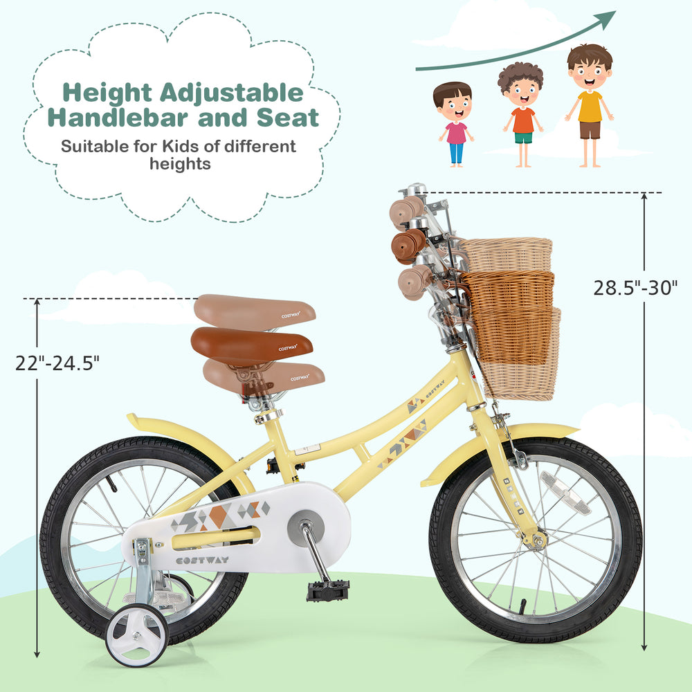 16-inch kids bike with adjustable seat, handbrake, reflectors, and storage basket for children aged 4-7 years.