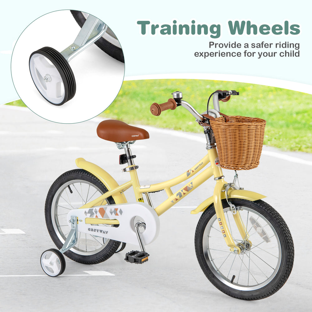 16-inch kids bike in yellow with training wheels, adjustable seat, and basket for safe riding experience for children.