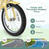 Large and threaded rubber tires on a 16-inch kids bike, designed for wear-resistance and anti-slip performance on.