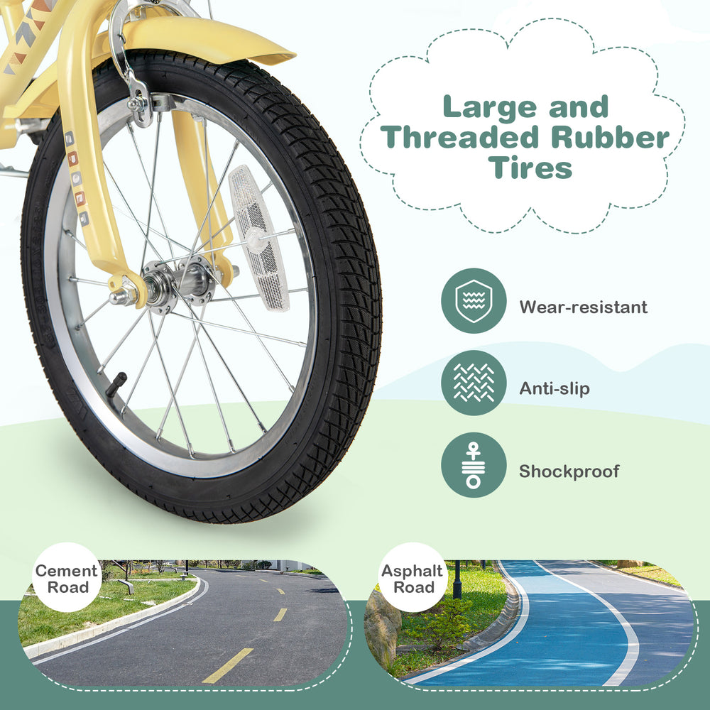 Large and threaded rubber tires on a 16-inch kids bike, designed for wear-resistance and anti-slip performance on.