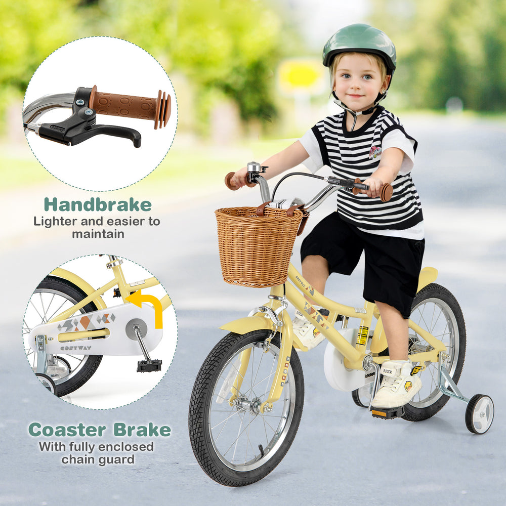16-inch kids bike with adjustable seat, handbrake, coaster brake, and storage basket for children aged 4-7 years.