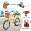 16-inch kids bike in yellow with adjustable seat, storage basket, fun bell, and multiple reflectors for safety.