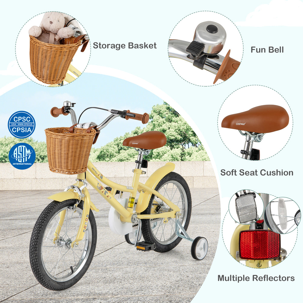 16-inch kids bike in yellow with adjustable seat, storage basket, fun bell, and multiple reflectors for safety.