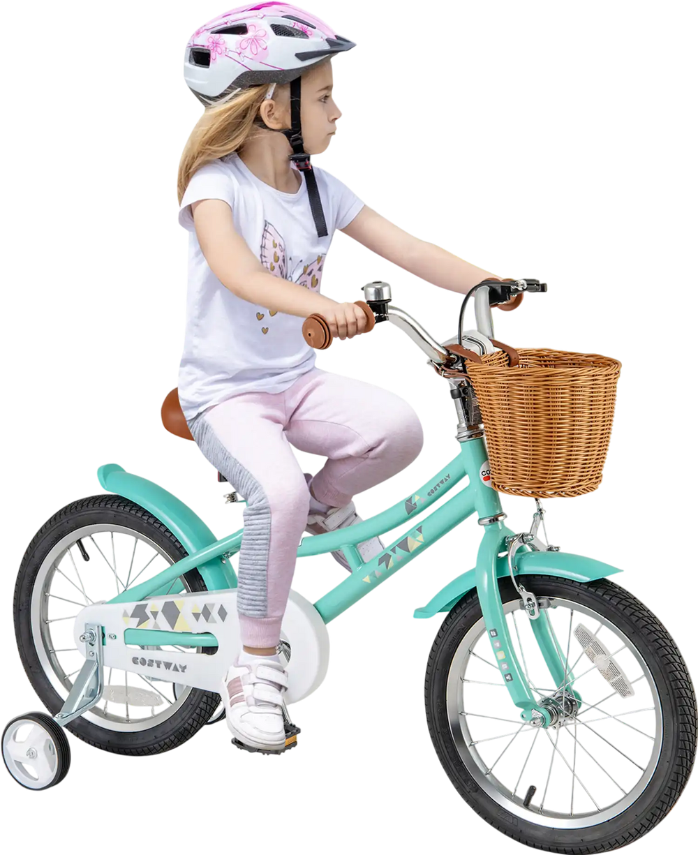 16-inch kids bike in teal with training wheels, handbrake, and basket, perfect for ages 4-7 for safe riding.