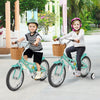 Two kids riding a 16-inch bicycle with training wheels, featuring a basket and adjustable seat, perfect for ages 4-7.