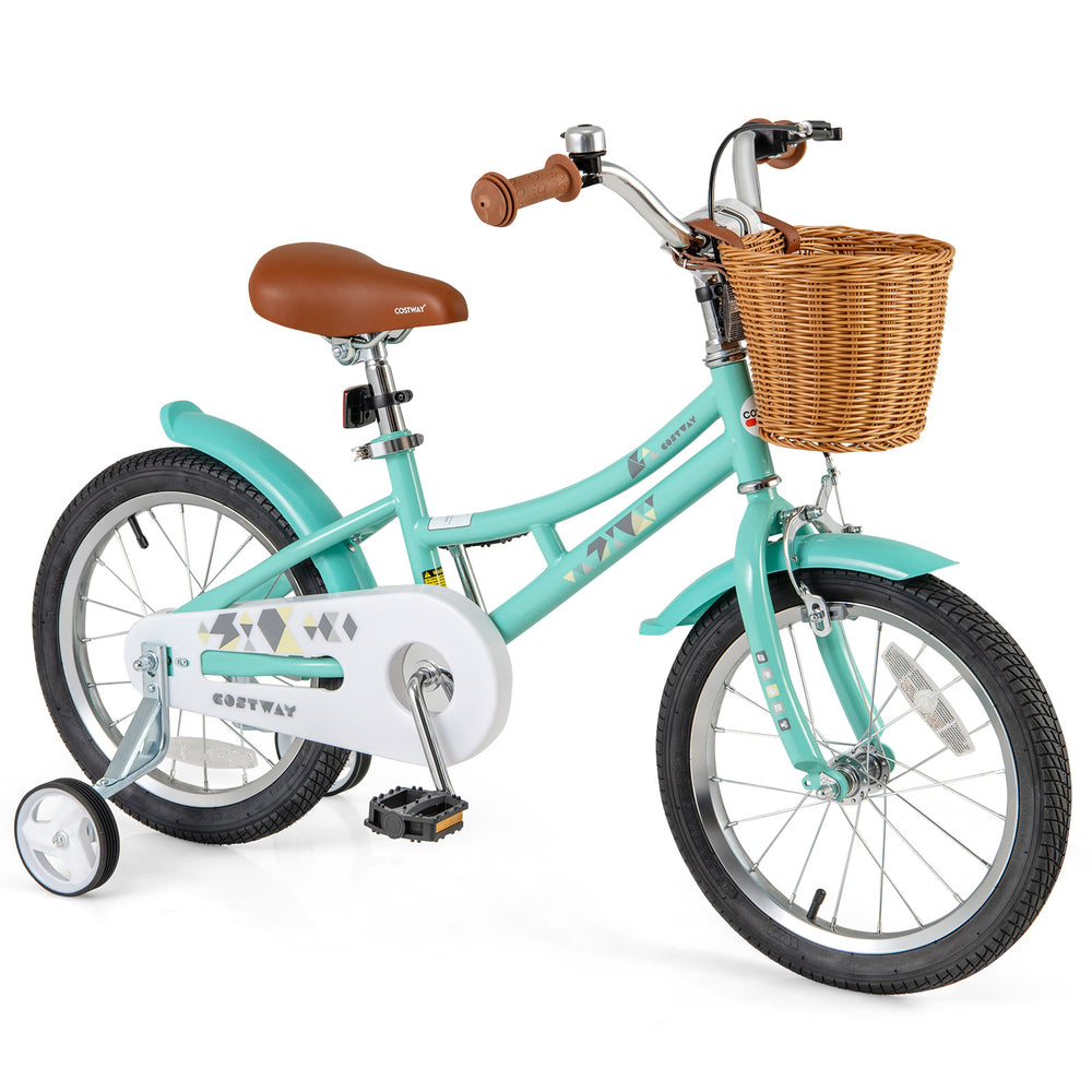16-inch kids bike in mint green with training wheels, handbrake, basket, and adjustable seat for ages 4-7.