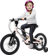 Lightweight 16-inch kids bike with detachable training wheels, adjustable saddle, and dual disc brakes for safety.