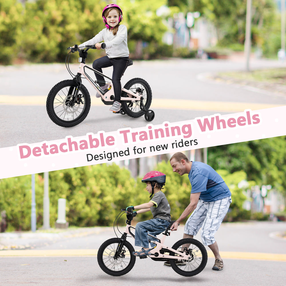 16-inch kids bike with detachable training wheels, adjustable saddle, and lightweight magnesium alloy for beginners.