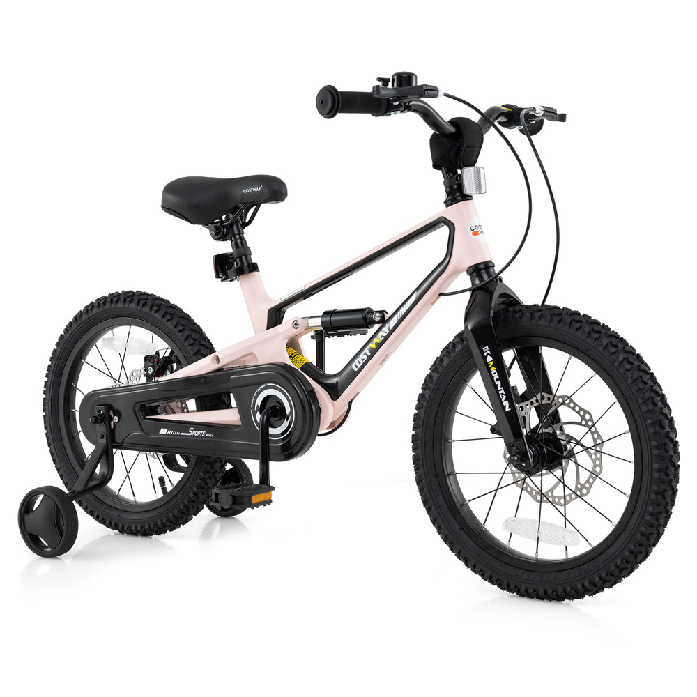 16-inch kids bike in pink with detachable training wheels, adjustable saddle, and dual disc brakes for safety and.