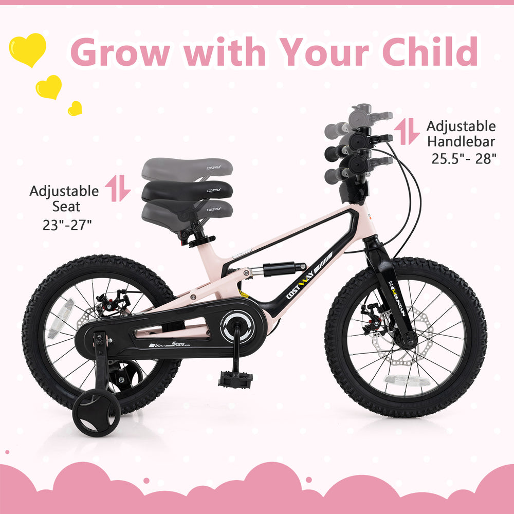 16-inch kids bike with adjustable seat and handlebar, lightweight magnesium alloy, and detachable training wheels for.
