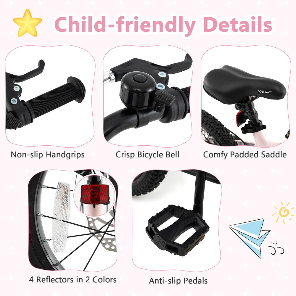 Child-friendly details of a 16-inch kids bike, featuring anti-slip pedals, comfy saddle, and reflectors for safety.