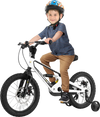 16-inch kids bike with adjustable saddle, magnesium alloy frame, training wheels, and dual disc brakes for safety.