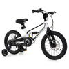 16-inch kids bike with adjustable saddle, magnesium alloy frame, dual disc brakes, and training wheels for ages 4 to 7.