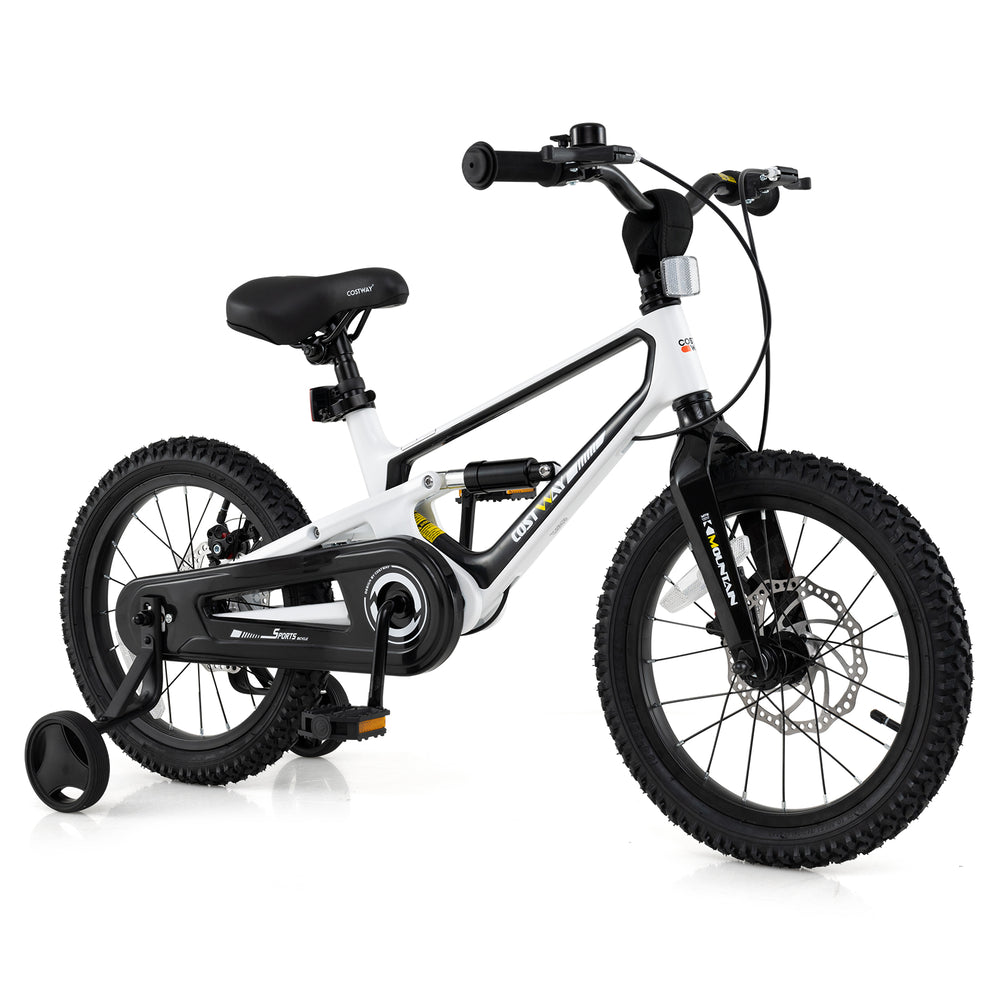 16-inch kids bike with adjustable saddle, magnesium alloy frame, dual disc brakes, and training wheels for ages 4 to 7.