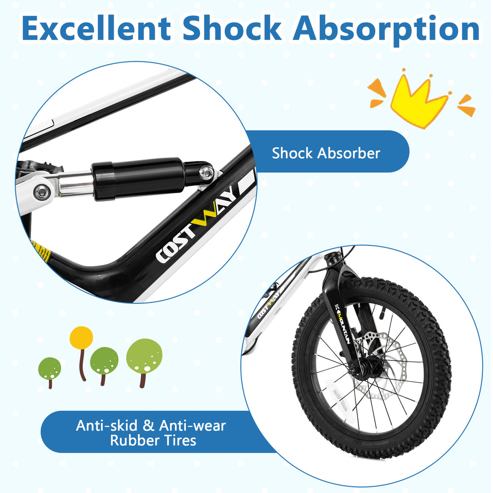 Close-up of the shock absorber and rubber tire on the 16-inch kids bike, featuring excellent shock absorption and.