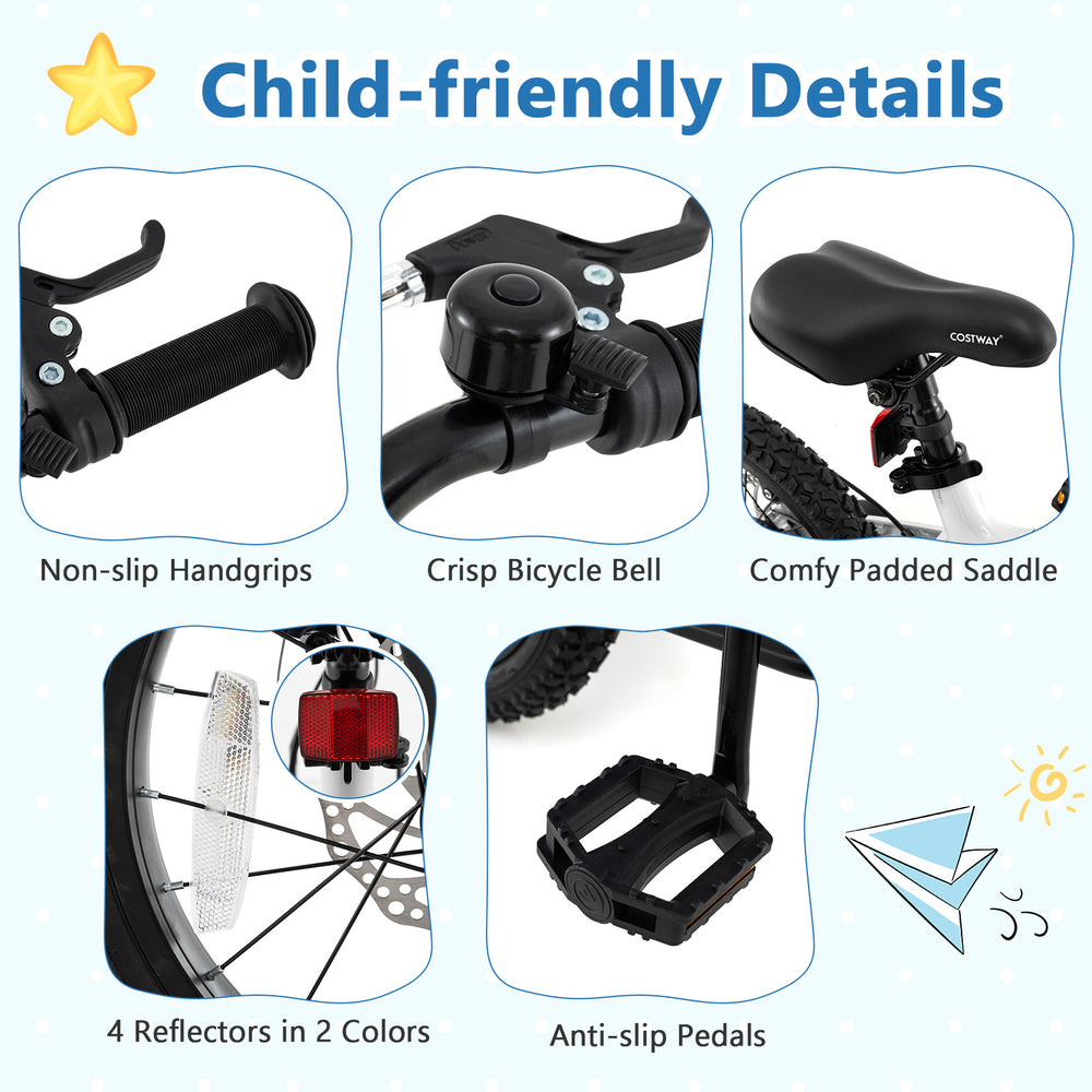 Child-friendly details of a 16-inch kids bike, featuring non-slip grips, padded saddle, and anti-slip pedals for safety.