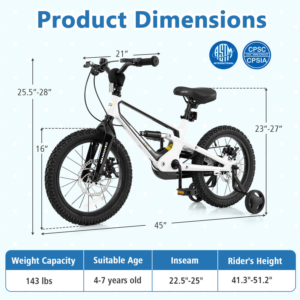 Product dimensions of the 16-inch kids bike featuring adjustable saddle, magnesium alloy frame, and training wheels.