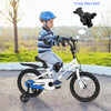 16-inch kids bike in white with removable training wheels, adjustable seat, and hand brake for safe riding.