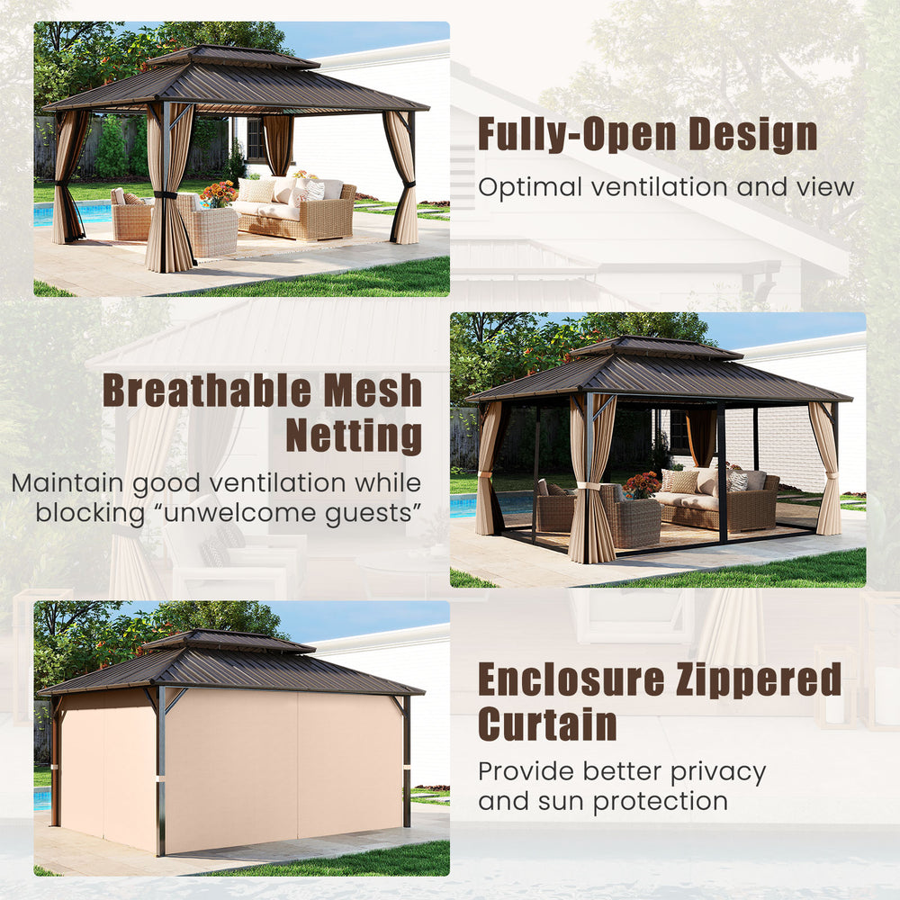 16 x 12 FT hardtop gazebo with double roof design, mesh netting, and zippered curtains for outdoor patio privacy.