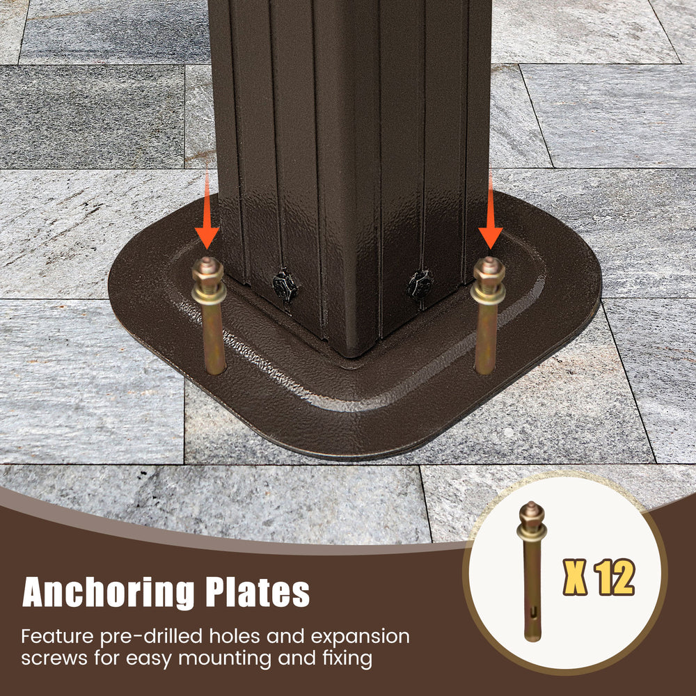 Anchoring plates with pre-drilled holes and expansion screws for easy mounting of the 16 x 12 FT gazebo on solid ground.