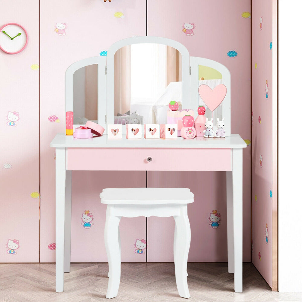 Kids Princess Make Up Dressing Table with Tri-folding Mirror and Chair-White - Gallery View 1 of 12