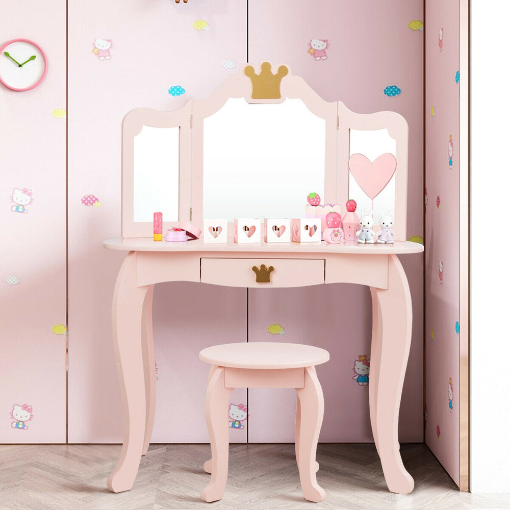Kids makeup dressing table in pink with tri-folding mirror, sturdy MDF construction, and a drawer for storage.