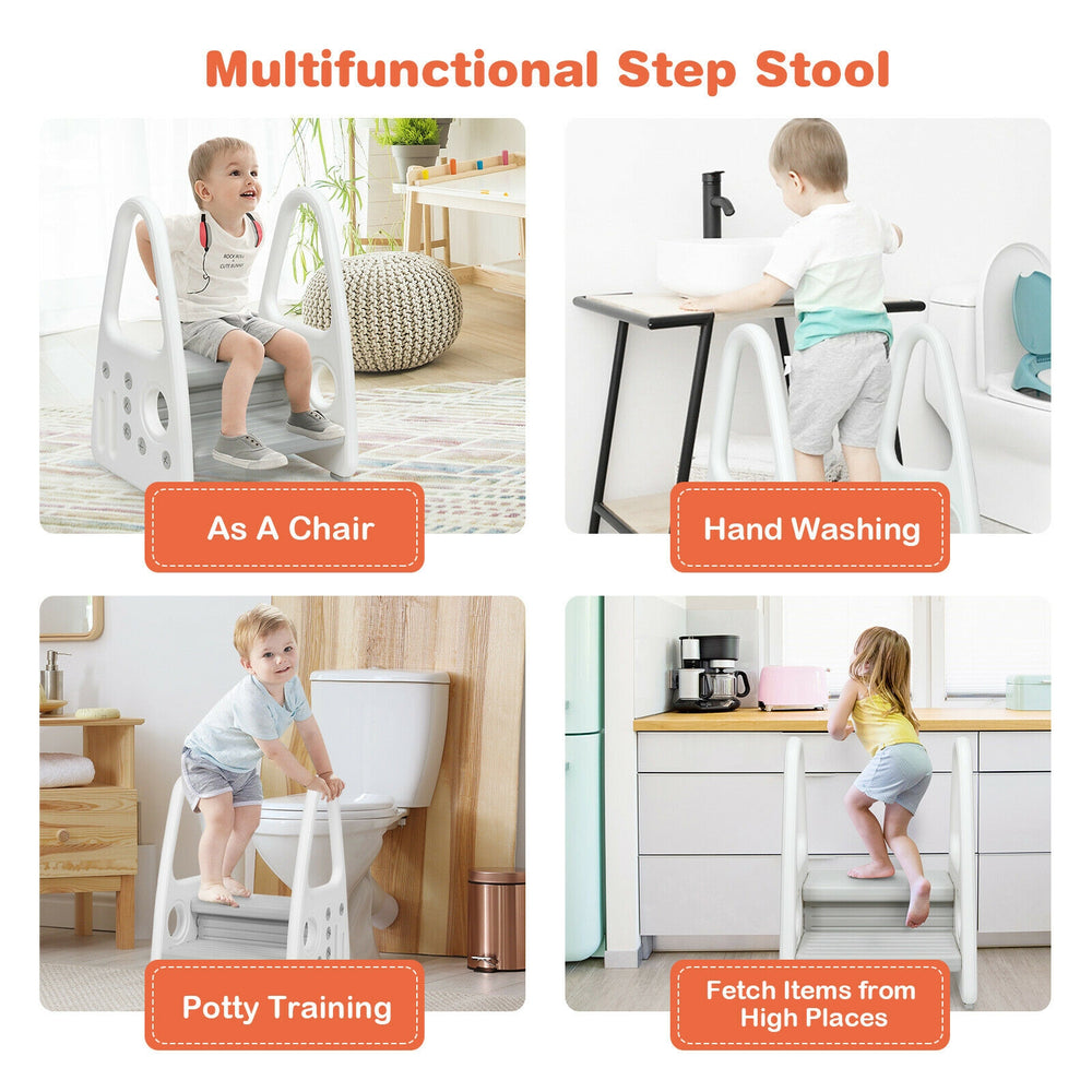 Kids step stool in gray with armrest, designed for potty training and hand washing, featuring safety handrails and.