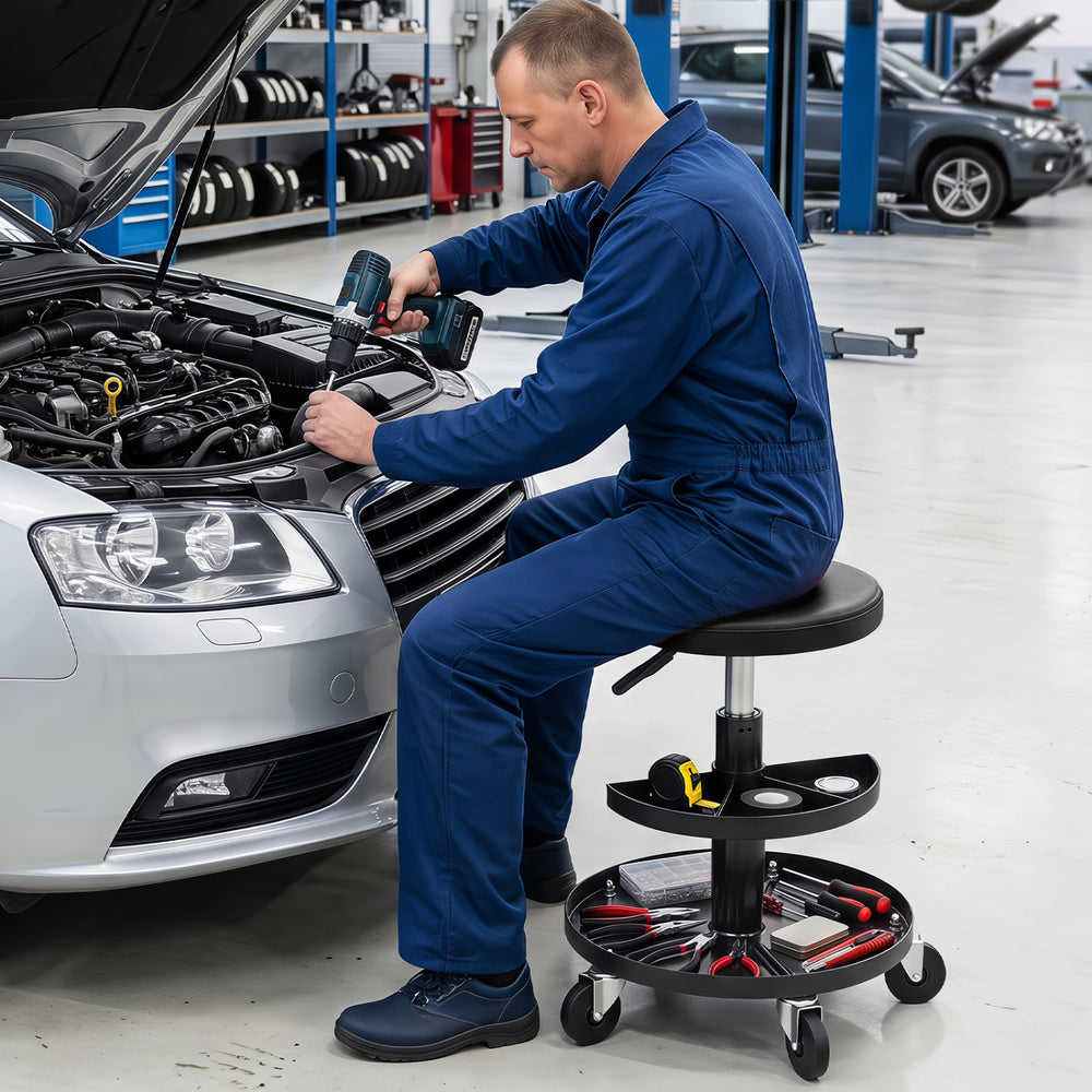 16.5"-22" Adjustable Height Seat Rolling Mechanic Stool with Wheels-Black - Gallery View 1 of 10