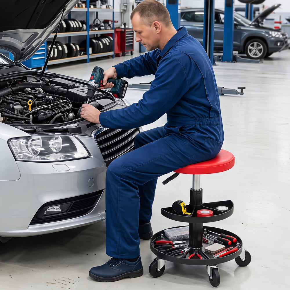 16.5"-22" Adjustable Height Seat Rolling Mechanic Stool with Wheels-Red - Gallery View 1 of 10