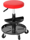 Adjustable height red mechanic stool with 2-tier tool trays and 360° swivel seat, ideal for garages and workshops.