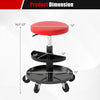 Adjustable height rolling mechanic stool in red with 2-tier tool trays, 360° swivel seat, and durable wheels for versatile use.