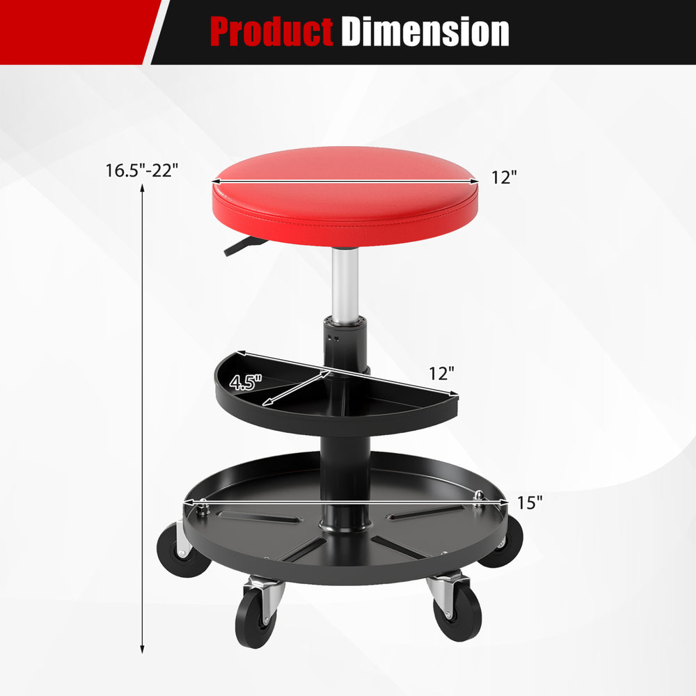 Adjustable height rolling mechanic stool in red with 2-tier tool trays, 360° swivel seat, and durable wheels for versatile use.