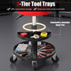 Adjustable height rolling mechanic stool with red PU leather seat and 2-tier tool trays for convenient storage and accessibility.