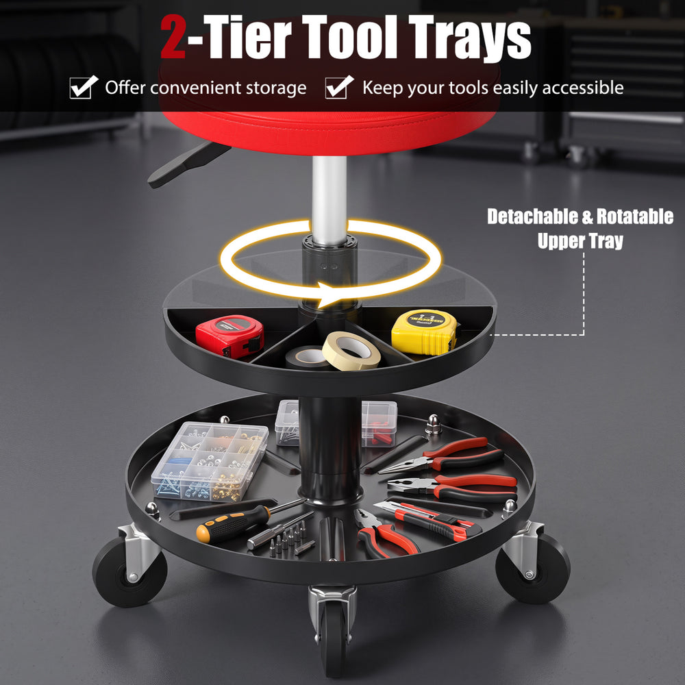 Adjustable height rolling mechanic stool with red PU leather seat and 2-tier tool trays for convenient storage and accessibility.