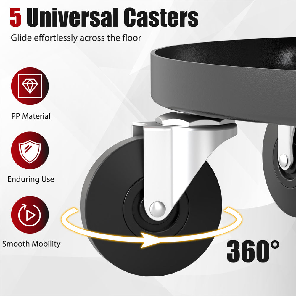 Adjustable height rolling mechanic stool with 360° universal casters, PU leather seat, and convenient tool trays for versatile use.