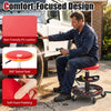Adjustable height rolling mechanic stool in red with PU leather seat, 360° swivel, and tool trays for convenient storage.