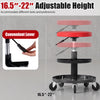 Adjustable height rolling mechanic stool with red PU leather seat, 2-tier tool trays, and 360° swivel for versatile use.