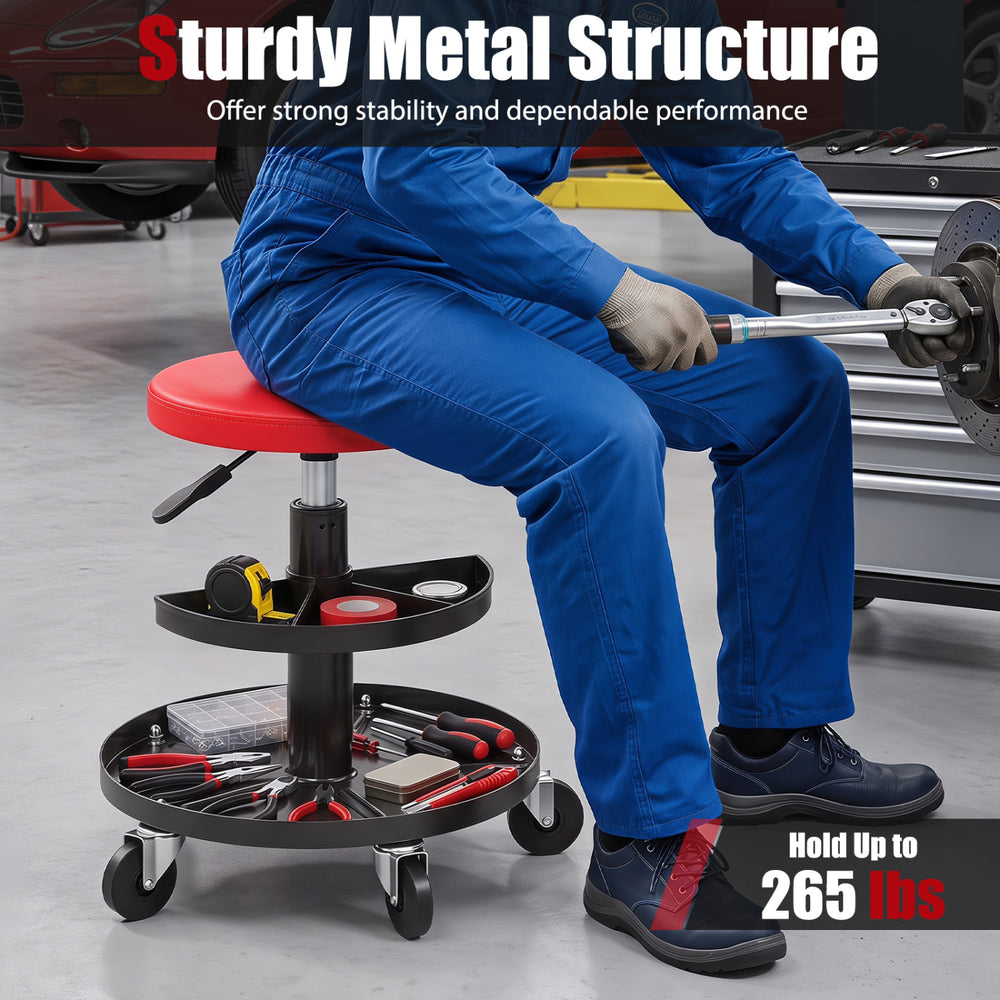 Adjustable height rolling mechanic stool with red PU leather seat, 2-tier tool trays, and sturdy metal structure for 265 lbs capacity.