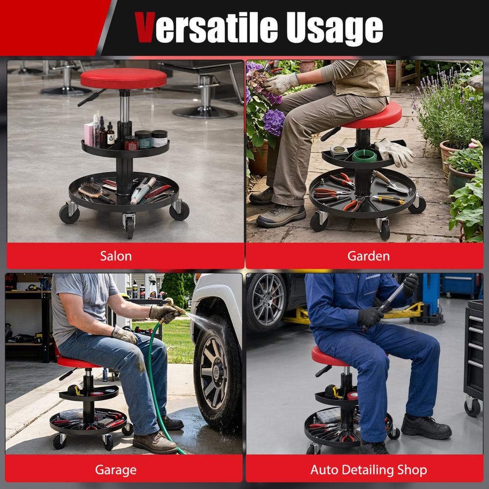 Adjustable height rolling mechanic stool with red PU leather seat and tool trays, ideal for salons, garages, and gardens.