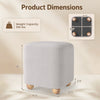 Dimensions of the gray square storage ottoman with rubber wood legs, showing a weight capacity of 350 lbs and compact design.