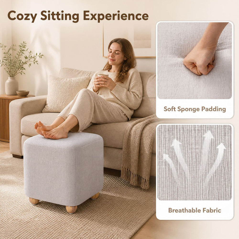 Square gray storage ottoman with soft sponge padding and rubber wood legs, perfect for extra seating or footrest.