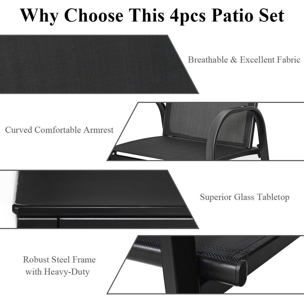 Curved armrest detail of the black 4 pieces patio furniture set with a sturdy steel frame for outdoor comfort.