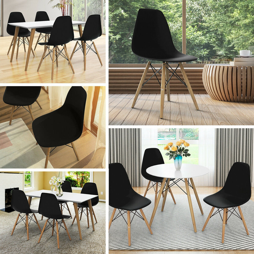 Black Mid-Century Modern DSW dining side chair with wood legs, perfect for stylish dining room decor.