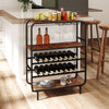 16-bottle wine rack in rustic brown with 5-tier shelves and glass holders, ideal for kitchen or home bar storage.