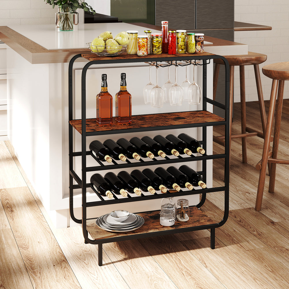16-bottle wine rack in rustic brown with 5-tier shelves and glass holders, ideal for kitchen or home bar storage.