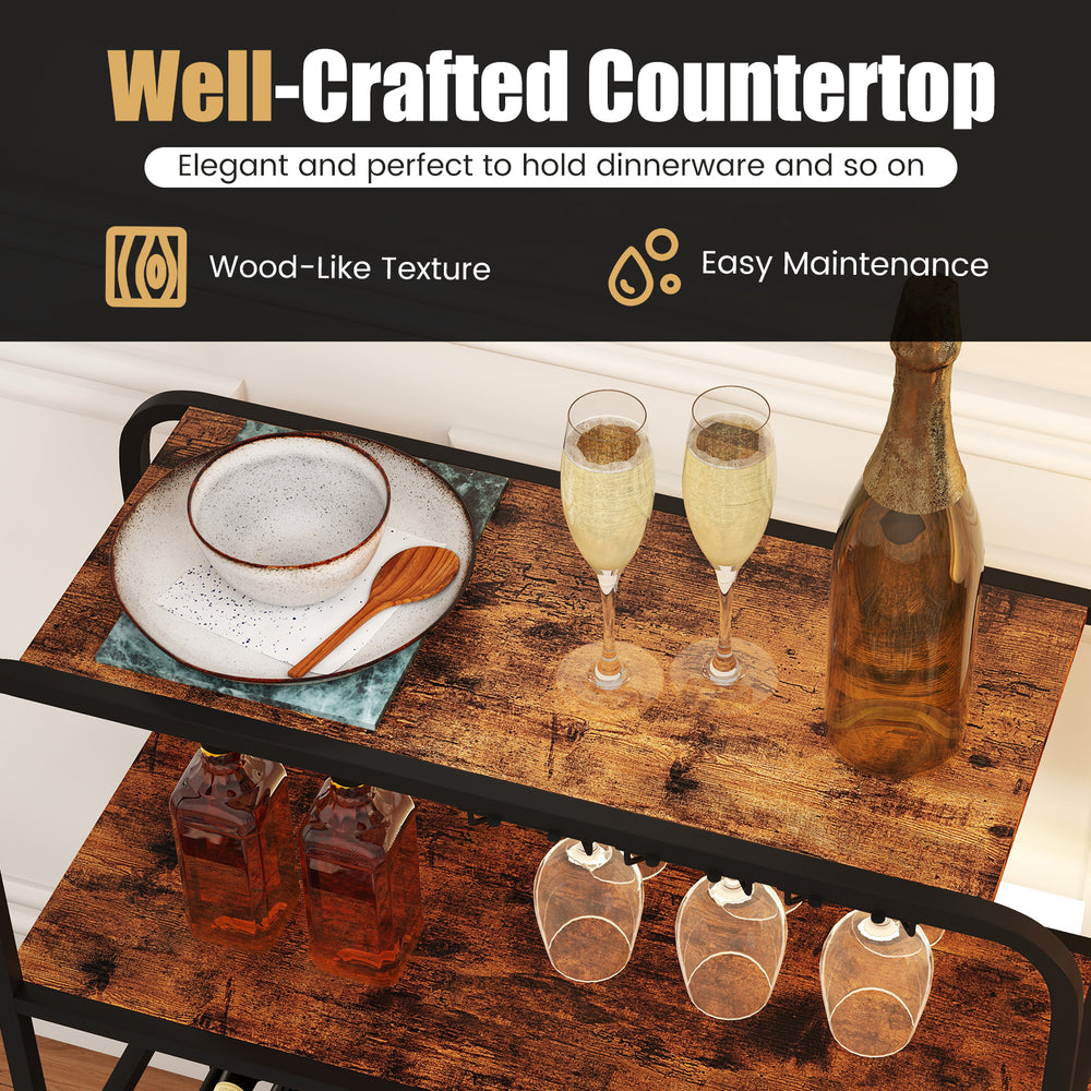 Rustic brown wine rack with wood-like countertop, holding 16 bottles and 12 glasses, perfect for kitchen or home bar.