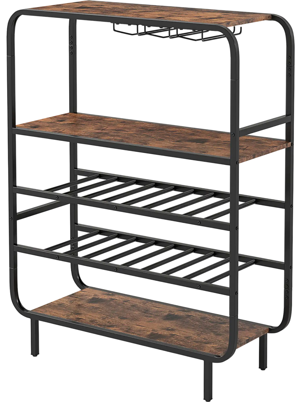 Rustic brown 16 bottle wine rack with 5-tier shelves and glass holders, perfect for kitchen or home bar storage.