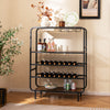 Rustic brown wine rack featuring a smooth countertop and sturdy metal frame, perfect for displaying bottles and glasses.