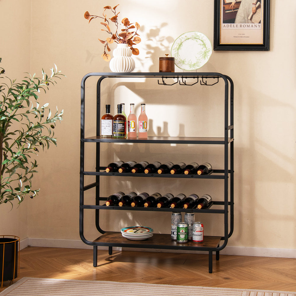 Rustic brown wine rack featuring a smooth countertop and sturdy metal frame, perfect for displaying bottles and glasses.