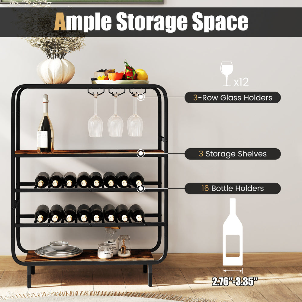 16-bottle wine rack with 3 storage shelves and glass holders, rustic brown finish, ideal for kitchen or home bar.